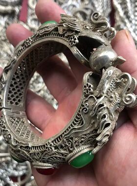 Ancient Green Jade Inlaid an Silver Cuff Bracelet Fashion Pe