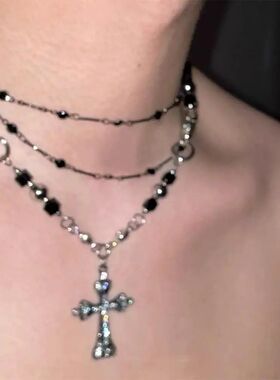 Punk Hiphop Black Cross Pendan Necklace for Men Women Y2K Go