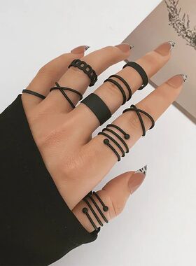 Vinage Gohic Black Rings Se for Women Girls Geomeric Rero Mu