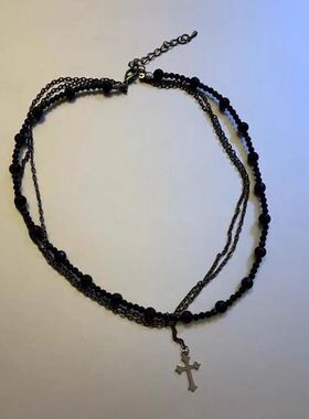 Gohic Punk Y2K Black Crysal Cross Pendan Necklace for Women