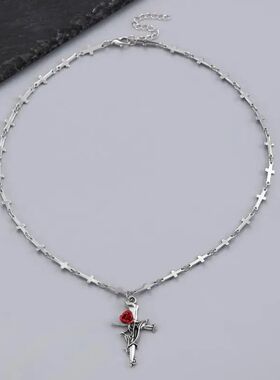 Punk Gohic Red Rose Vine Cross Pendan Necklace for Women Men