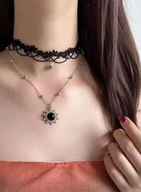 Dark Black Round Sun Pendan Necklaces for Women Girl Fashion