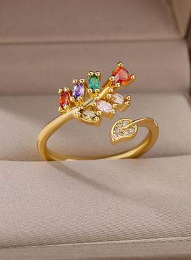 Zircon Green Geometric Ring For Women Stainless Steel Adjust