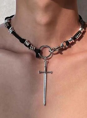 Y2K Punk Thorn Cross Pendan Necklace for Women Men Hiphop Co