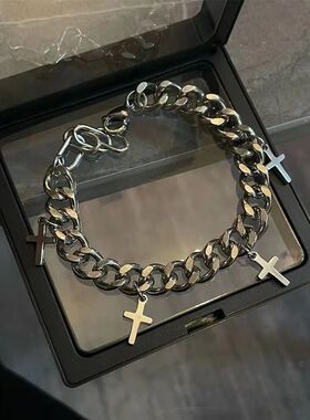 Stainless Steel Cross Pendant Bracelet for Men Women Cuban C