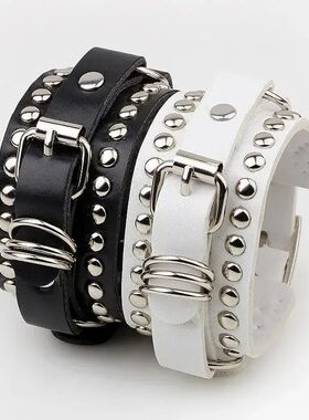 Black Leather Wristband Rivet Adjustable Bracelet Cuff Gothi