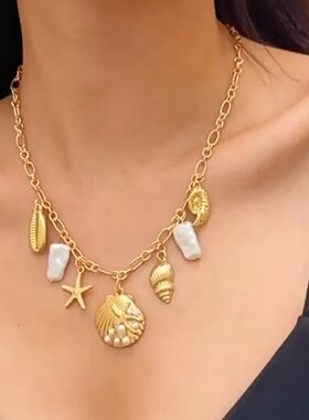 Vinage Imiaion Pearl Sarfish Conch Pendan Necklace for Women