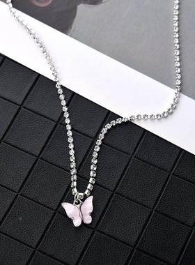 New Butterfly Pendant Choker Necklace Rhinestone Chain White