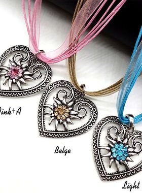 New Vintage Heart Edelweiss Flowers Necklace Organza Ribbon