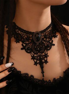 Gohic Punk Black Lace Necklace Women Boho Big Pearl Tassel S