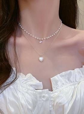 Fashion Cute Love Heart Shaped Pendant Necklace Pearl Chain