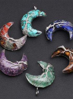 Natural Crystal Moon Pendant Necklace Tree of Life Amethyst