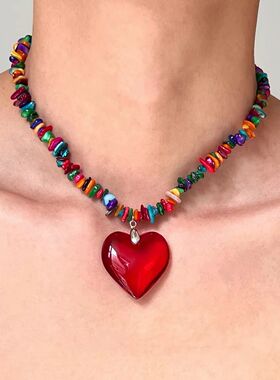 Y2K Red Hear Pendan Necklace for Men Women Punk Hiphop Irreg