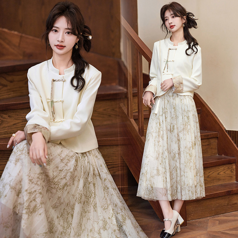 新中式文艺套装裙女2025年春秋季高级感复古国风年轻款少女两件套,淘宝优惠券,粉丝福利购,淘宝优惠卷