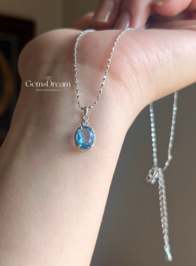 通体925纯银天然水晶圣蓝色托帕石高级轻奢超闪水波纹不过敏项链