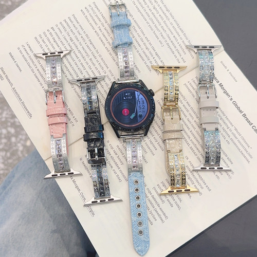 方钻金属皮革牛仔GT5适用华为GT3手表watch4pro表带苹果S10小米S4 - 图0