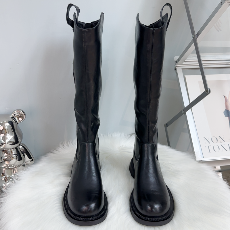 2025年新款女秋冬美拉德风平底大码加肥后拉链骑士靴英伦风长筒靴,淘宝优惠券,粉丝福利购,淘宝优惠卷