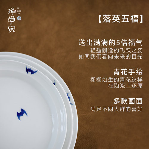 择学家 二人食 碗碟家用套装景德镇高温瓷手绘青花 盘子菜盘家用 - 图2