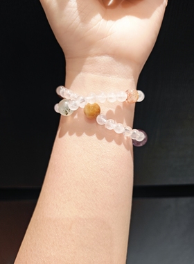 6m粉晶蝴蝶结配白水紫水虎眼草莓晶海蓝宝黄塔晶双圈手串