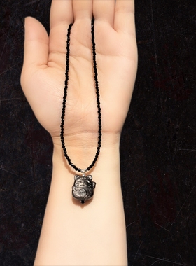 15m银曜石招财猫配2m黑尖晶吊坠项链锁骨链