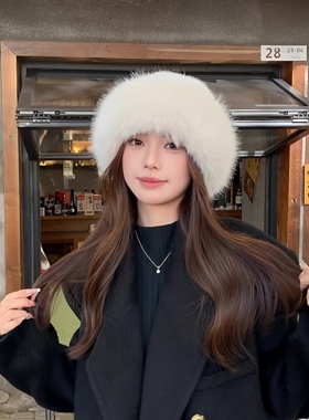 毛绒蒙古帽子女秋冬防寒白色保暖东北盆帽护耳帽狐狸毛渔夫帽毛毛