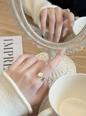 Basstudio 爆款通透月光石镶嵌锆石开口戒指复古文艺高级感指环