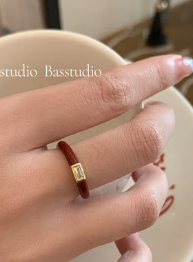 Basstudio不掉色法式轻奢酒红锆石滴油戒指安可拉红小众设计精致