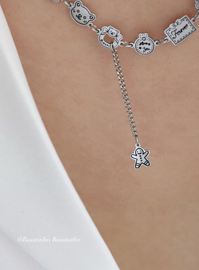 Basstudio 姜饼人卡通圣诞手绘流苏项链甜酷钛钢银色不掉色毛衣链