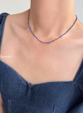 Basstudio 星空色系天然石蓝纹石手工串珠锁骨链钛钢镀18K金项链