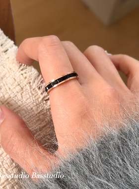 Basstudio不掉色轻奢网红单排满钻彩钻戒指女时尚钛钢素圈食指戒