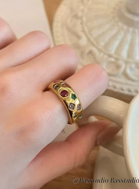 Basstudio轻奢复古满天星彩色锆石戒指钛钢镀18k金轻奢高级感女