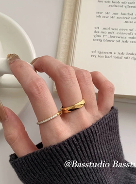 Basstudio 情侣对戒不掉色钛钢半圈锆石素圈戒指女小众设计高级感