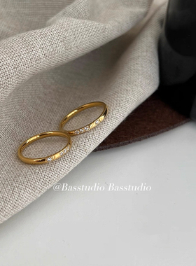 Basstudio韩风简约日常高级ins光面细戒镶钻精致潮流时髦金色戒指