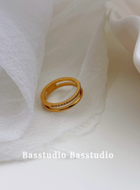 Basstudio 简约气质镂空双层镶钻钛钢戒指女小众设计高级感百搭