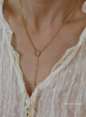 Basstudio欧美链条时尚中古OT扣费解罗链拼接毛衣链项链钛钢镀18k