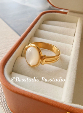 Basstudio 法式ins贝母贝壳戒指女 椭圆宝石指环复古简约钛钢百搭