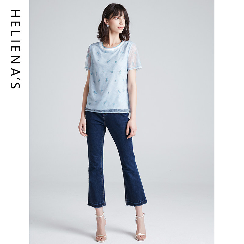 海兰丝2020夏新款宽松大码网纱小衫 海兰丝蕾丝衫/雪纺衫