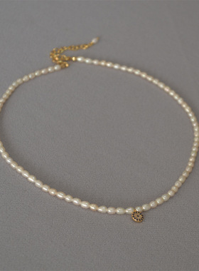 法式复古优雅温柔淡水米粒珍珠蓝色尖晶土耳其眼睛短款项链锁骨链