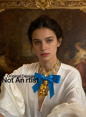 vintage复刻法式复古宫廷巴洛克风蓝色宝石夸张立体天使吊坠项链