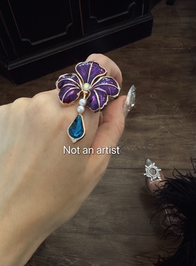 法式莫奈花园手工戒指釉彩滴油工艺珐琅釉蝴蝶兰紫色花朵宴会戒指