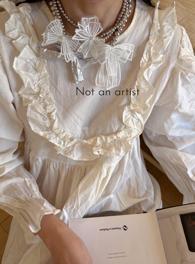Not An artist手工蕾丝蝴蝶结项链法式复古多层银珠叠戴锁骨链