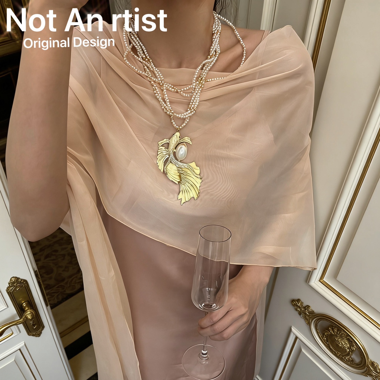 vintage原创小众高级感镶钻滴油锦鲤吊坠仿真珍珠叠戴宴会项链 - 图0