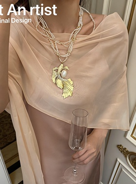 vintage原创小众高级感镶钻滴油锦鲤吊坠仿真珍珠叠戴宴会项链