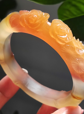 玛瑙印象 明艳动人黄玫瑰 纯天然巴西玛瑙雕刻手镯罕见鸡蛋黄色56