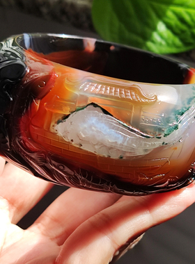 玛瑙印象 意趣墨荷 纯天然巴西黑红撞色玛瑙雕刻荷花手镯 高档60