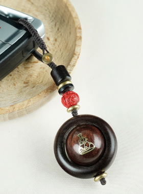 檀木镶银生肖守护神挂饰转运珠钥匙扣紫檀镶嵌国风双面梵文挂件