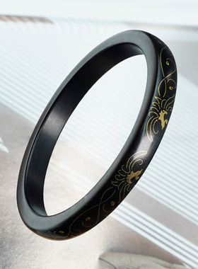 黑檀木镶银国风龙凤祥云手镯紫光檀镶嵌铜凤舞九天实木镯子手饰品