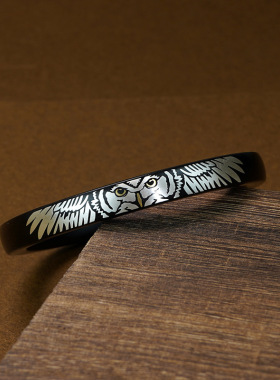 原创黑檀木镶银方形手镯紫光檀镶嵌猫头鹰国风实木手环镯子手饰品