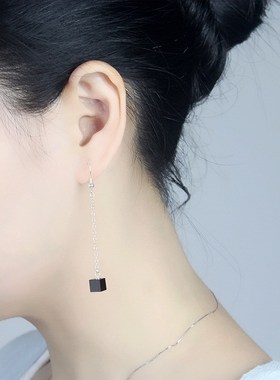 厂家直供檀木耳坠饰品黑檀方形长链耳饰简约时尚S925银饰批发国风