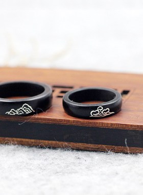 小叶紫檀木镶银山盟海誓情侣戒指黑檀镶嵌国风对戒手饰指环手饰品